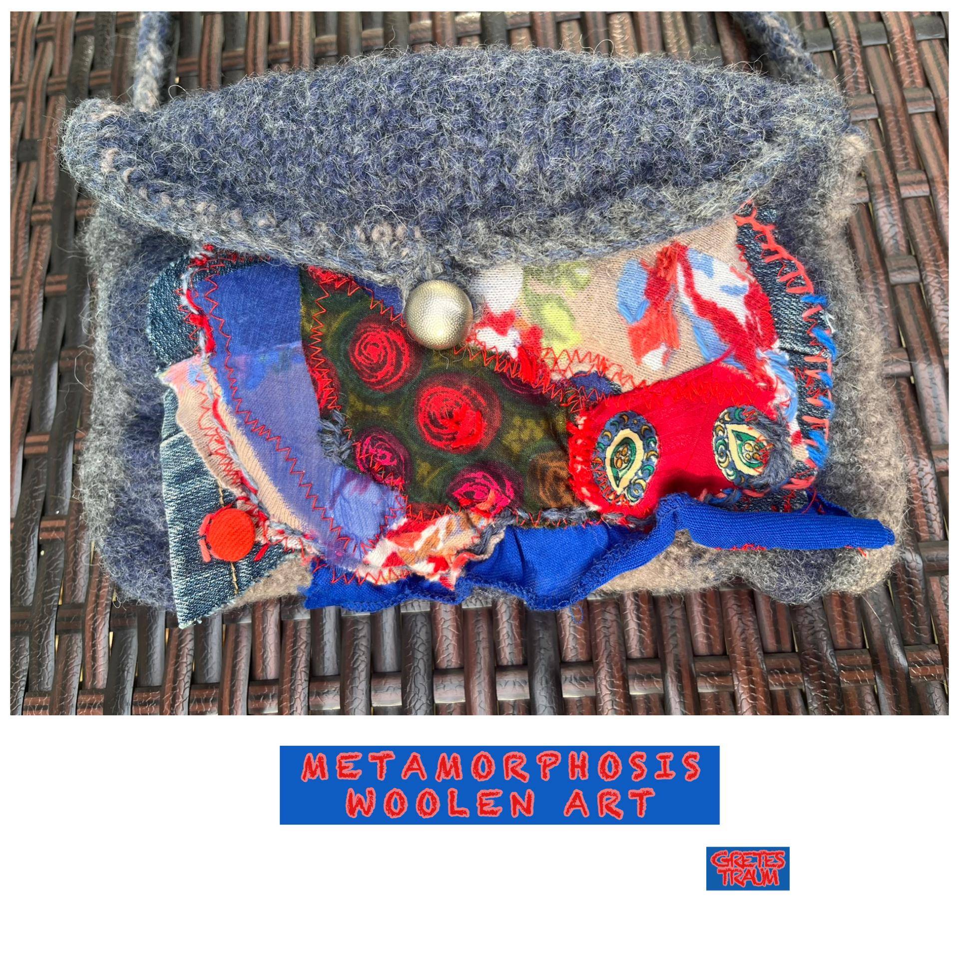 Tasche, Unikat Handgemacht, Boho, Rot Blau Grau, Metamorphosis, Unique Art, Geschenke Frauen, Woolen Folk Rosen, Upcycling, Ethno von GretesTraum
