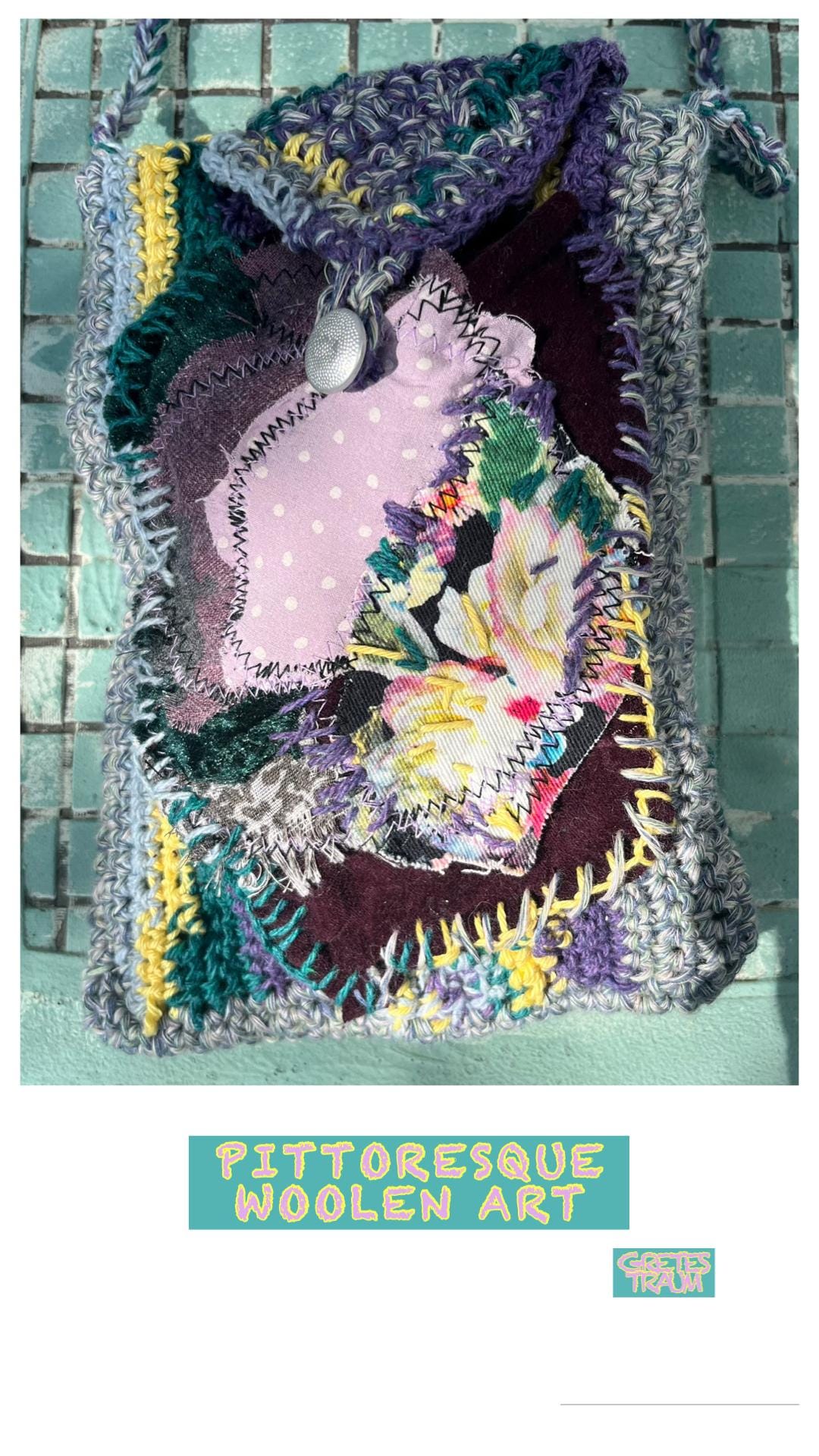 Tasche, Unikat Handgemacht, Gehäkelt, Boho, Lila Gelb Grün, Pittoresque, Unique, Folk Art, Geschenke Frauen, Handytasche, Urlaub, Upcycling Tasche, Unikat Handgemacht, Gehäkelt, Boho, Lila Gelb Grün, Pittoresque, Unique, Folk Art, Geschenke Frauen, Handytasche, Urlaub, Upcycling von GretesTraum