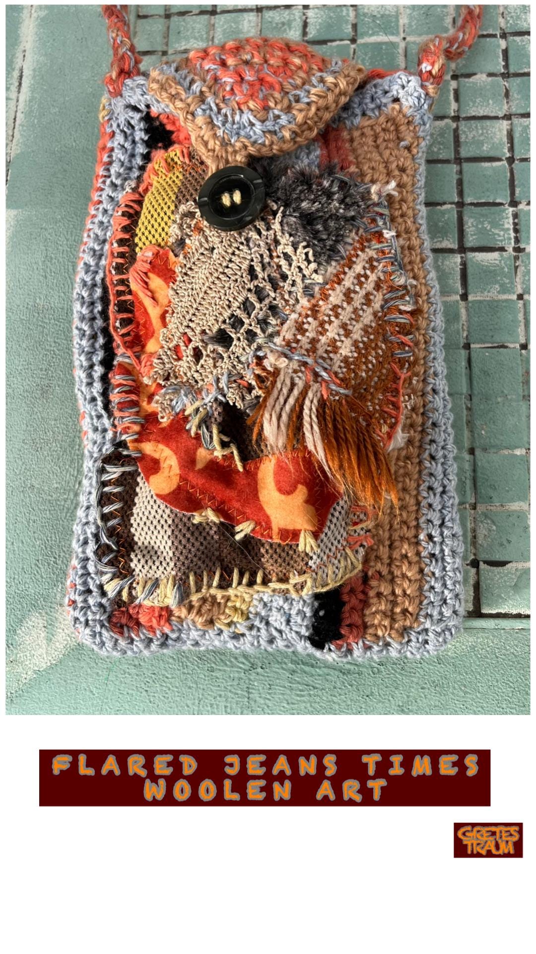 Tasche, Unikat Handgemacht, Gehäkelt, Boho, Orange Beige Grau Flared Jeans Times, Unique, Ethno, Geschenke Frauen, Handytasche, Weihnachten von GretesTraum