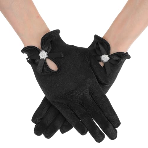 Grevosea 1 Paar Handschuh Kurze Braut Handschuhe Spitzenhandschuhe Satin Handschuhe Damen Sommer Hochzeits Oper Dinner Handschuhe(Schwarz) von Grevosea