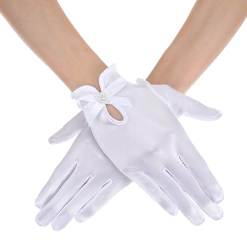 Grevosea 1 Paar Handschuh Kurze Braut Handschuhe Spitzenhandschuhe Satin Handschuhe Damen Sommer Hochzeits Oper Dinner Handschuhe(Weiß) von Grevosea