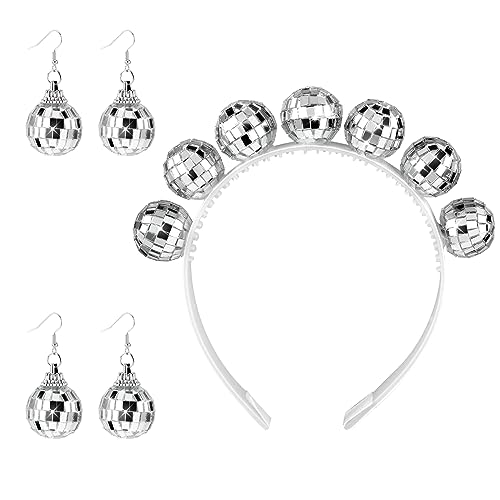 Grevosea 2 Paar Disco Ohrringe Stirnband Vintage Disco Kugel Kopfschmuck Spiegelkugel Ohrringe Zubehör Discokugel Stirnband Ohrringe für 70er 80er Jahre Disco Kostümparty Bekleidung Damen von Grevosea