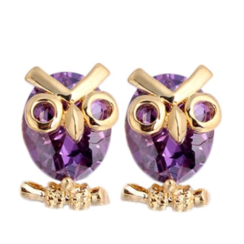 Grewod 18K Gold Ohrringe, Damen Eule Lila Oval Amethyst Edelstein Ohrstecker Nickelfrei Ohrschmuck von Grewod