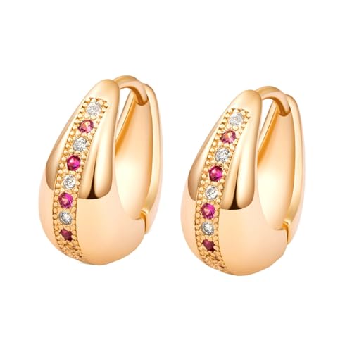 Grewod 18K Ohrringe, Damen Gold Elegant Bunt Rund Rubin Labor Erstellt Diamant Creolen Schmuck von Grewod
