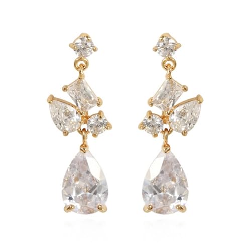 Grewod 585 Gold Ohrringe, Damen Blatt mit Tropfen Weiß Moissanit Ohrhänger Nickelfrei Schmuck von Grewod