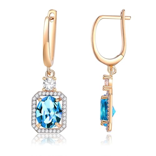 Grewod 585 Gold Ohrringe, Damen Elegant Blau Rund Topas mit Moissanit Creolen Nickelfrei Schmuck von Grewod