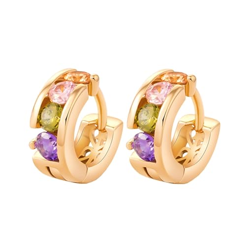 Grewod 585 Ohrringe, Damen Gelbgold Elegant Bunt Rund Rosa Kristall Granat Citrin Creolen Schmuck von Grewod