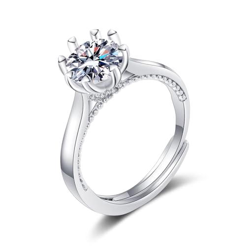 Grewod 585 Weißgold Ring, Damen Verstellbar Solitär Weiß Rund Moissanit Eheringe Verlobung Größe 61 (19.4) von Grewod