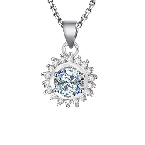 Grewod Anhänger Damen, Weiß Gold 14 Karat 585 Klassische Blume 1ct Weiß Rund Labor Erstellt Diamant Halskette mit Kette 40+5 cm von Grewod