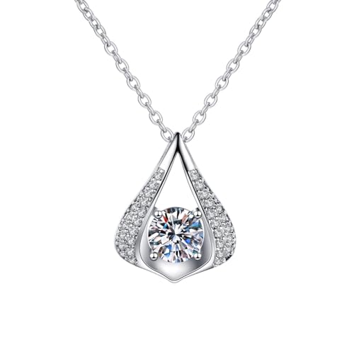 Grewod Anhänger Kette Damen, 18K Weiß Gold 750 Hohl Tropfen Weiß Rund Labor Erstellt Diamant Halskette 40+5 cm von Grewod