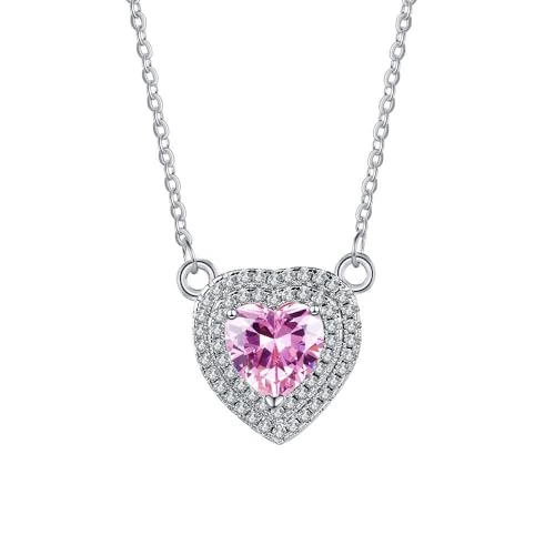 Grewod Anhänger Schmuck, Damen 18 Karat 750 Weißgold Elegant Rosa Herz Labor Erstellt Saphir mit Labor Erstellt Diamant Halskette mit Kette 40+5 cm von Grewod