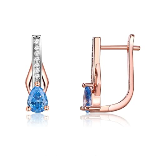 Grewod Creole Ohrringe, Damen Rose Gold 585 14K Tropfen Blau Topas mit Moissanit Ohrringe Nickelfrei von Grewod