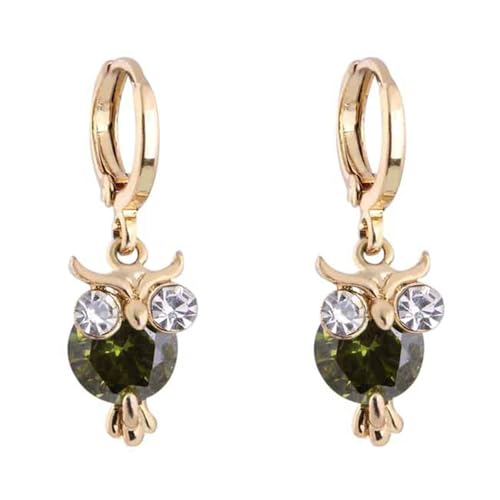 Grewod Damen Ohrringe, 14 Karat 585 Gold Eule Grün Rund Granat mit Moissanit Ohrhänger Nickelfrei Schmuck von Grewod