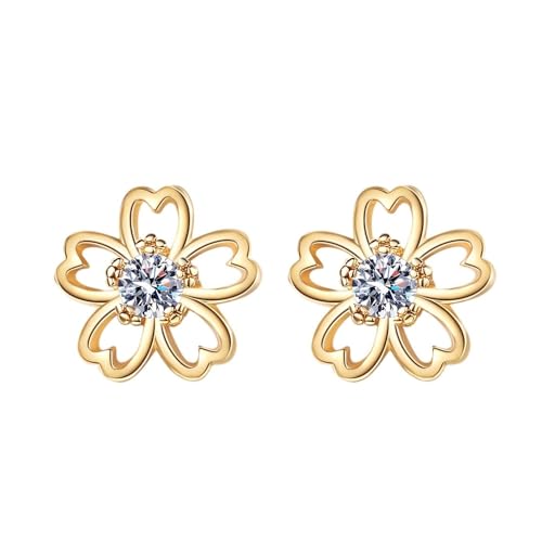 Grewod Damen Ohrringe, Gelbgold 750 18 Karat Hohl Herz Blume Weiß Rund Moissanit Ohrstecker Schmuck von Grewod