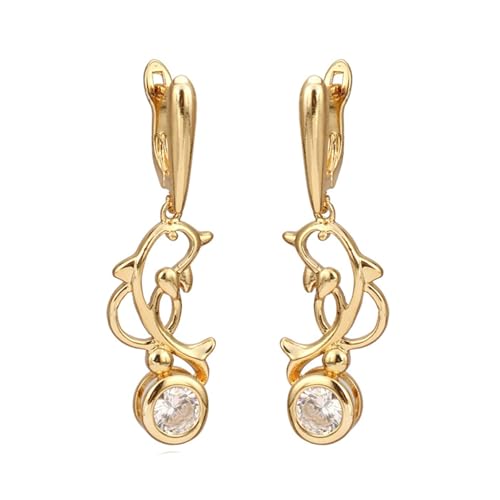 Grewod Damen Ohrringe Hängend, 9 Karat Gelbgold 375 Delfin Weiß Rund Moissanit Ohrhänger Schmuck von Grewod