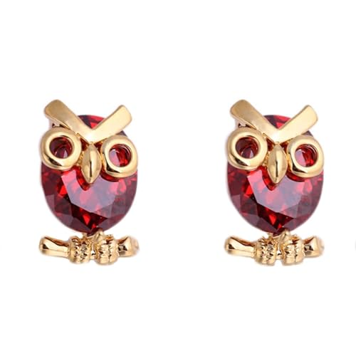 Grewod Damen Ohrstecker, Gelbgold 18 Karat 750 Eule Rot Oval Labor Erstellt Rubin Ohrringe Schmuck von Grewod