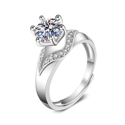 Grewod Damen Ring, Weißgold 18K Verstellbar Blatt Design 1ct 6.5 mm Weiß Rund Labor Erstellt Diamant Verlobungsringe Hochzeitsringe Größe 62 (19.7) von Grewod
