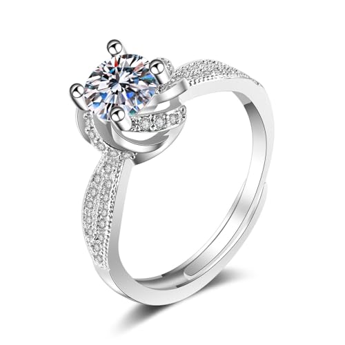 Grewod Damenring, 9K Weißgold 375 Blume Verstellbar Weiß Rund Labor Erstellt Diamant Ringe Eheringe Größe 47 (15.0) von Grewod
