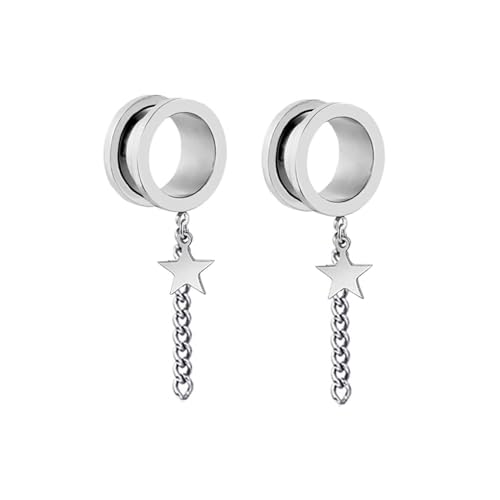 Grewod Ear Tunnel, Edelstahl Silber Rund mit Kette und Stern Anhänger Ohr Tunnel Herren und Damen Flesh Tunnel Ohr Plug Ohr Expander 14MM, 1 Paar Grewod Ear Tunnel, Edelstahl Silber Rund mit Kette und Stern Anhänger Ohr Tunnel Herren und Damen Flesh Tunnel Ohr Plug Ohr Expander 14MM, 1 Paar von Grewod