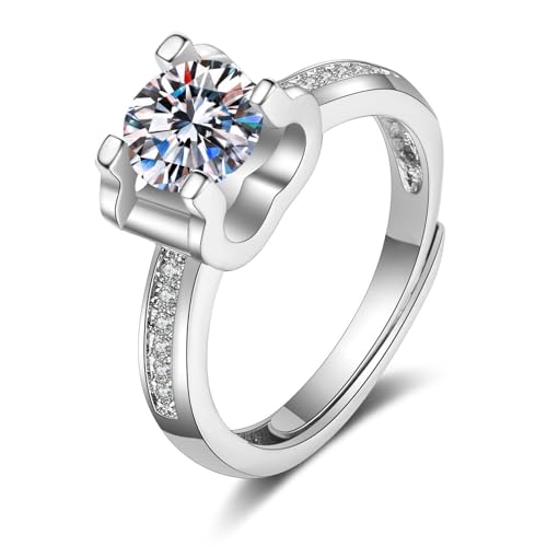 Grewod Ehering Damen, 14K Weißgold 585 Verstellbar Klassiker Weiß Rund Moissanit Ehe Verlobungsringe Ring Größe 61 (19.4) von Grewod
