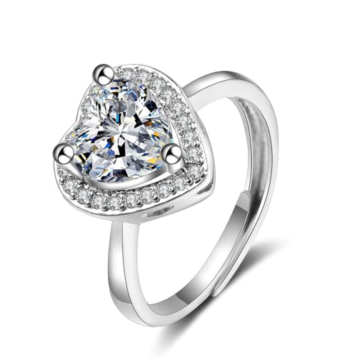Grewod Ehering Damen, Weiß Gold 9K 375 Verstellbar Elegant Weiß Herz Moissanit Verlobungsringe Ring Größe 52 (16.6) von Grewod