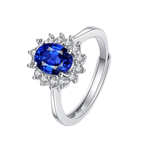 Grewod Ehering Damen, Weißgold 18K 750 Blume Verstellbar Dunkelblau Oval Labor Erstellt Saphir Trauringe Verlobungsringe Ring Größe 54 (17.2) von Grewod