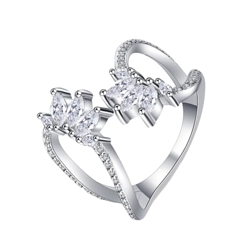 Grewod Ehering Damen 14K Weißgold Offen Flügel Weiß Marquise Labor Erstellt Diamant Ehe und Verlobungsring Ring Größe 52 (16.6) von Grewod