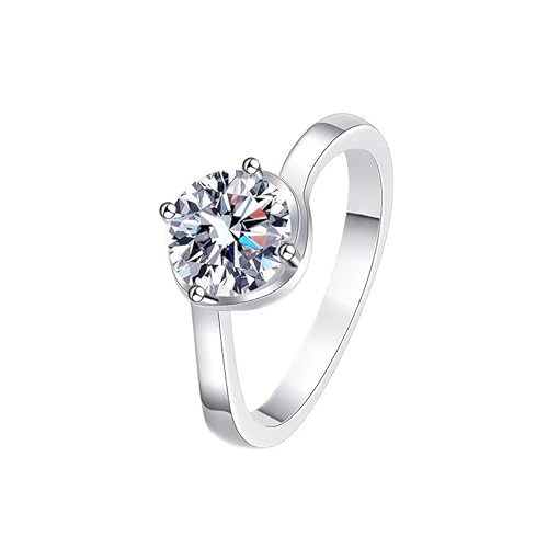 Grewod Ehering Damen 18K Weiß Gold Elegant Welle 4 Zacken 1ct 6.5mm Weiß Rund Labor Erstellt Diamant Verlobungsringe Schlicht Ring Größe 60 (19.1) von Grewod