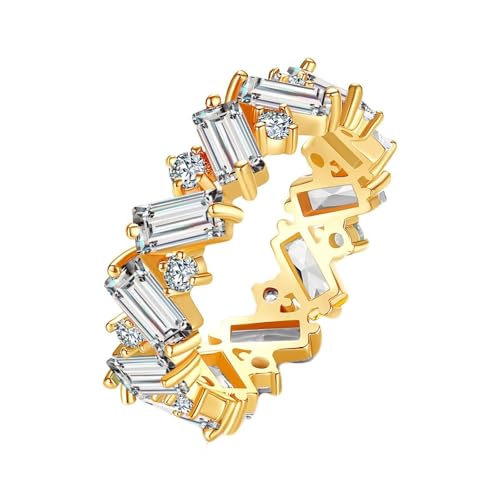 Grewod Ehering Damen Gold 14K 585 Schlicht Design Weiß Rechteck Moissanit Verlobungsring Ring Größe 54 (17.2) von Grewod