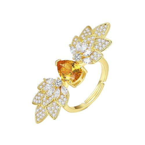 Grewod Eheringe 750er Gold, Damen Verstellbar Tropfen mit Blatt Gelb Citrin mit Diamant Hochzeitsringe Ring Größe 48 (15.3) von Grewod