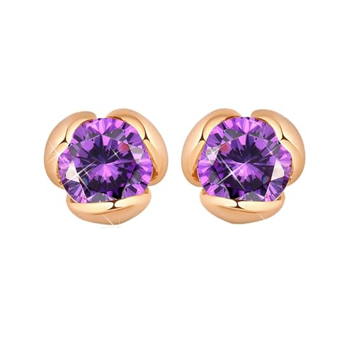 Grewod Frauen Ohrringe, 9 Karat Gelbgold 375 Blumen Lila Rund Amethyst Ohrstecker Nickelfrei Schmuck von Grewod