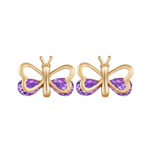Grewod Frauen Schmuck Ohrringe, 9K 375 Gold Schmetterling Lila Amethyst Ohrstecker Nickelfrei Schmuck von Grewod