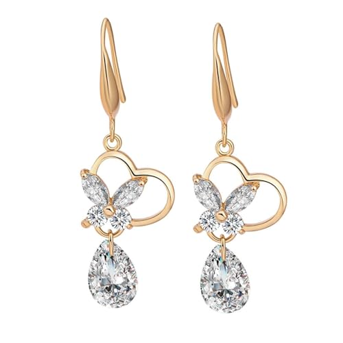 Grewod Gold 585 Ohrringe Damen, Hohl Herz Tropfen Weiß Moissanit Ohrhänger Nickelfrei Schmuck von Grewod