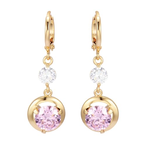 Grewod Gold Ohrringe 585 Echtgold, Damen Elegant Rosa Rund Kristall mit Moissanit Ohrhänger Schmuck von Grewod