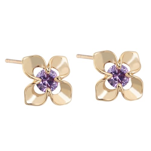 Grewod Gold Ohrringe Damen 585 Echtgold, Blumen Lila Rund Amethyst Ohrstecker Nickelfrei Schmuck von Grewod