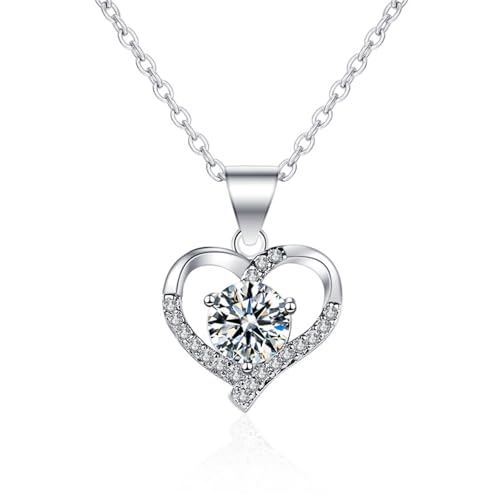Grewod Halskette, Damen Weiß Gold 14K Herz Weiß Rund Labor Erstellt Diamant Halskette mit Anhänger 40+5 cm von Grewod