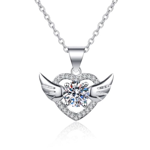 Grewod Halskette Anhänger, Damen 9K Weißgold 375 Herz Flügel Weiß Rund Labor Erstellt Diamant Halskette mit Kette 40+5 cm von Grewod