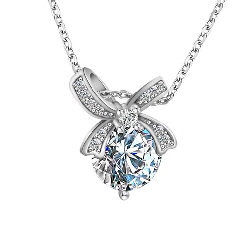 Grewod Halskette Damen, Weiß Gold 14 Karat Schleife Weiß Rund Labor Erstellt Diamant Halskette mit Anhänger 40+5 cm von Grewod