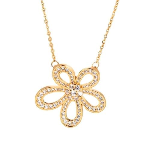 Grewod Halskette Damen 585 Echtgold, Hohl Blume Weiß Rund Labor Erstellt Diamant Halskette mit Anhänger 40+5 cm von Grewod