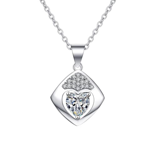 Grewod Halskette Damen Kette, 14 Karat Weißgold Raute Weiß Herz Labor Erstellt Diamant Halskette mit Anhänger 40+5 cm von Grewod