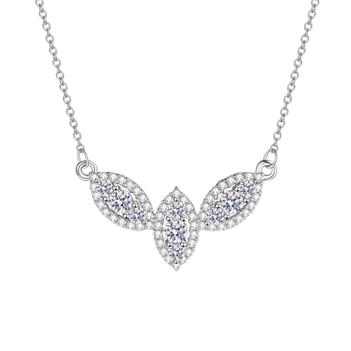 Grewod Halskette Frau, 9 Karat Weißgold 375 Hohl Blätter Weiß Rund Labor Erstellt Diamant Halskette mit Anhänger 40+5 cm von Grewod