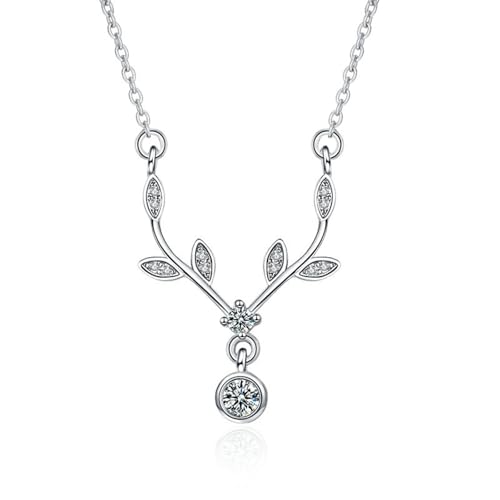 Grewod Halskette Frau, Weiß Gold 9K 375 Geweih Weiß Rund Labor Erstellt Diamant Halskette mit Anhänger 40+5 cm von Grewod