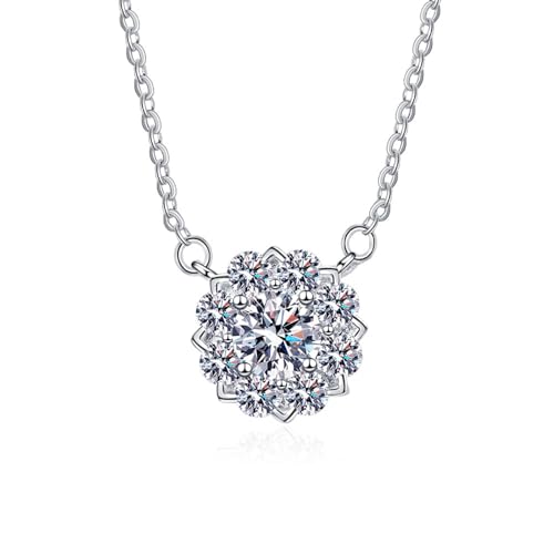 Grewod Halskette Hochzeit, Damen 18K Weiß Gold 750 Blumen Weiß Rund Labor Erstellt Diamant Halskette mit Anhänger 40+5 cm von Grewod