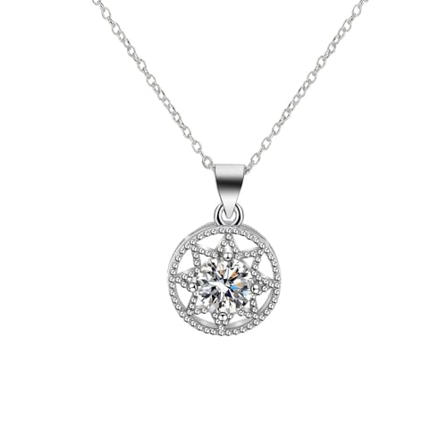 Grewod Halskette mit Anhänger, Damen 14K 585 Weiß Gold Hohl Blume 1ct Weiß Rund Labor Erstellt Diamant Halskette mit Kette 40+5 cm von Grewod