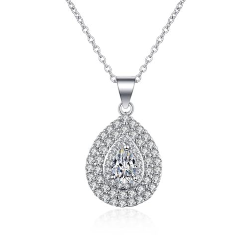 Grewod Halskette mit Anhänger, Damen Weiß Gold 9K Tropfen Weiß Labor Erstellt Diamant Halskette mit Kette 40+5 cm von Grewod