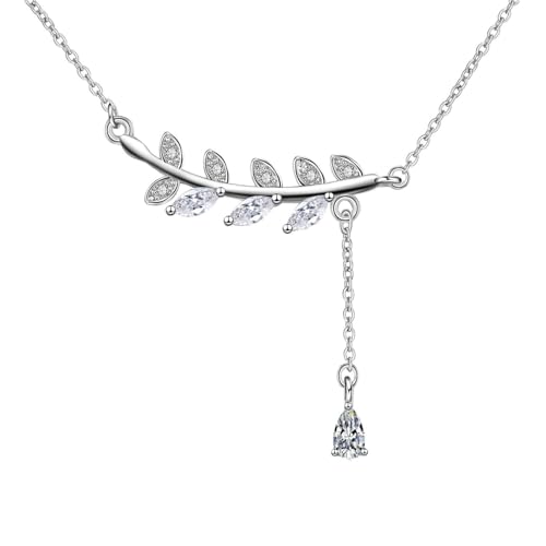 Grewod Halsketten für Frauen, 14K Weiß Gold 585 Blätter mit Quasten Kette Weiß Marquise Labor Erstellt Diamant Halskette mit Anhänger 40+5 cm von Grewod