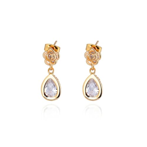 Grewod Hochzeit Ohrringe, Damen Gelbgold 14 Karat Rosenblüte mit Tropfen Weiß Moissanit Ohrhänger von Grewod