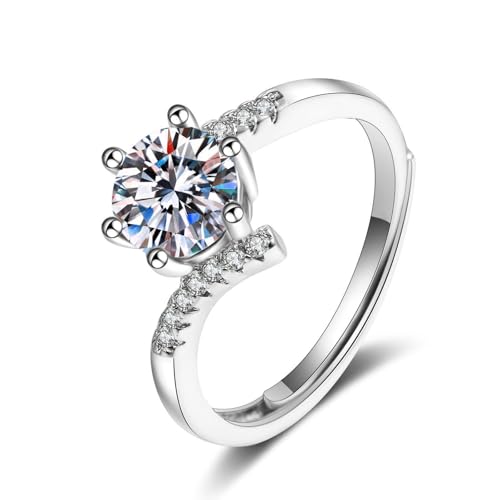Grewod Hochzeit Schmuck, Damen 14K Weißgold Verstellbar Verdreht Weiß Rund Moissanit Ehe Ringe Größe 51 (16.2) von Grewod