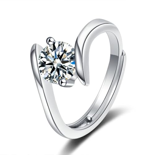 Grewod Hochzeit Schmuck, Damen 9 Karat Weiß Gold 375 Verstellbar Solitär 1ct Weiß Rund Moissanit Ringe für Verlobung Größe 49 (15.6) von Grewod