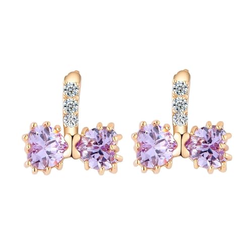 Grewod Hochzeit Schmuck, Damen Gelbgold 375 9 Karat Schleife Lila Herz Amethyst mit Moissanit Ohrstecker Ohrringe von Grewod